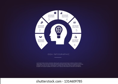 Head, lightbulb, brain. Concept  illustration or background. Idea infographic. Vector monochrome template 6 positions for text area, possible to use for workflow, banner, diagram, web design, timeline