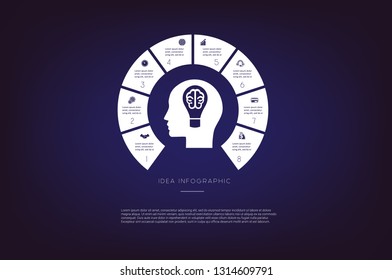 Head, lightbulb, brain. Concept  illustration or background. Idea infographic. Vector monochrome template 8 positions for text area, possible to use for workflow, banner, diagram, web design, timeline