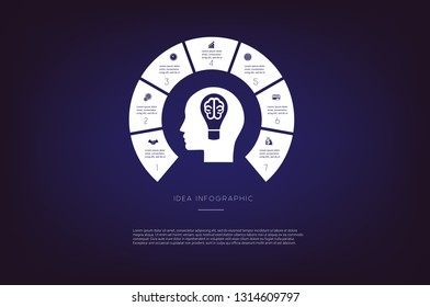 Head, lightbulb, brain. Concept  illustration or background. Idea infographic. Vector monochrome template 7 positions for text area, possible to use for workflow, banner, diagram, web design, timeline