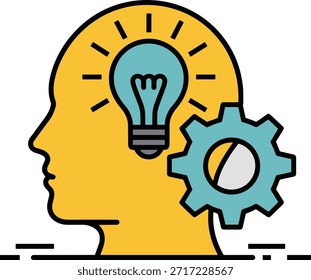 Cabeza con bombilla y equipo que representan ideas y procesos de pensamiento que muestran la función cognitiva, la actividad mental y la resolución de problemas.
