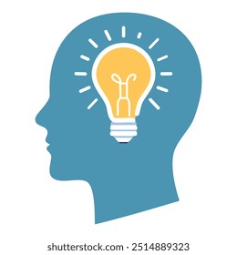 Head with lightbulb icon. Simple icon representing a head with a lightbulb inside. Great for concepts of new ideas, inspiration, and problem solving.