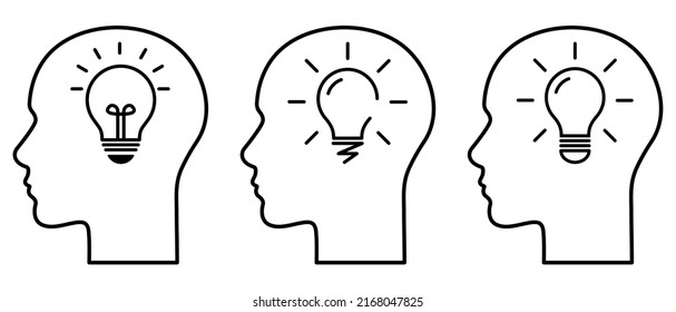 Head with lightbulb line icon set. Concept of new idea. Vector illustration isolated on white background