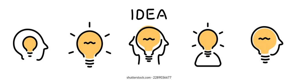 Head with lightbulb line icon set. Concept of new idea illustration