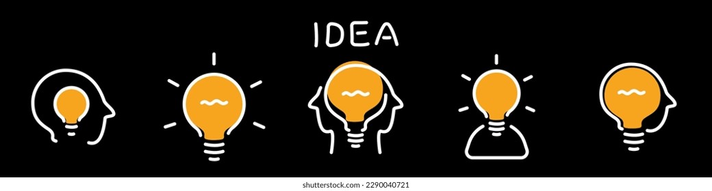 Cabeza con juego de iconos de línea de bombilla. Concepto de la nueva ilustración de idea