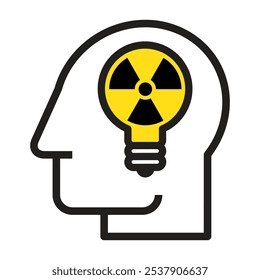 Cabeça com lâmpada com símbolo radioativo, Conceito de energia nuclear para geração de eletricidade ícone isolado no fundo branco