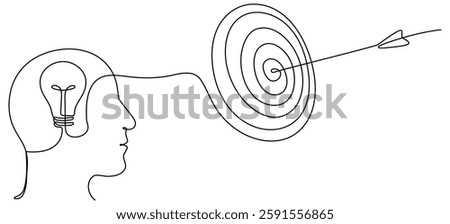 Head with lightbulb and target with arrow continuous line drawing. Creative idea process and achieve goal concept. Vector illustration isolated on white.