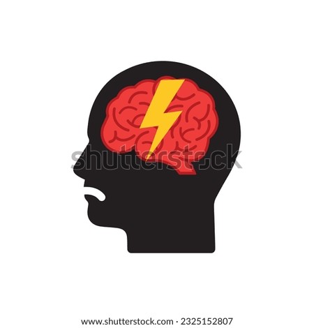 head with lightning in brain like brow ague. concept of illness or upset person and unhappy or frustrated. flat cartoon style trend simple logotype graphic minimal design isolated on white background