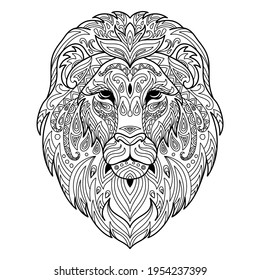 Head of lion. Abstract vector contour illustration isolated on white background. For adult anti stress coloring book page with doodle and zentangle elements, design, print, decor, tattoo, t-shirt.