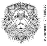 The head of a lion with a big mane. Meditative coloring of antistress. Arrows, strips, scales, lines. Logo, print on the shirt. Background for text