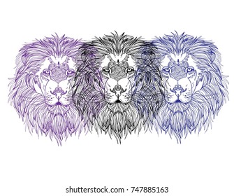 The head of a lion with a big mane. Meditative coloring of antistress. Arrows, strips, scales, lines. Logo, print on the shirt. Background for text