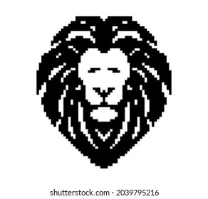 The head of a lion black and white pixel art. Isolated background