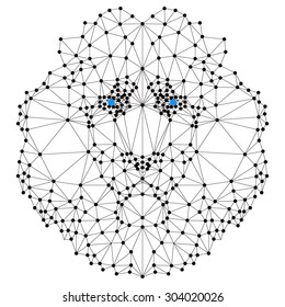 Head of lion with blue eyes. Vector illustration of many triangles. Can be used as poster, emblem, sign, symbol, banner, sticker, icon.