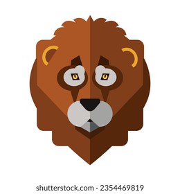 Head of lion with brown mane. Muzzle of wild animal cartoon illustration. Wildlife and zoo concept. Sketchy geometric character, mascot. Colored flat vector isolated