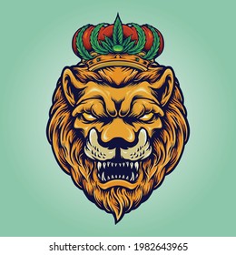 Head Lion with Cannabis Crown Vector illustrations for your work Logo, mascot merchandise t-shirt, stickers and Label designs, poster, greeting cards advertising business company or brands.