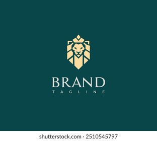 HEAD LION WITH CROWN LOGO TEMPLATE, GEOMETRIC AND ELEGANT GOLD LEO CREST SYMBOL. PREMIUM KING BRAND IDENTITY ICON. LUXURY COMPANY SIGN. VECTOR ILLUSTRATION
