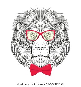 La cabeza de un león con gafas y corbata de arco. Dibujo de la cara de un león. Dibujo vectorial.