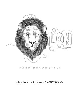the head of a lion in a hand-drawn style, vector of black and white animals