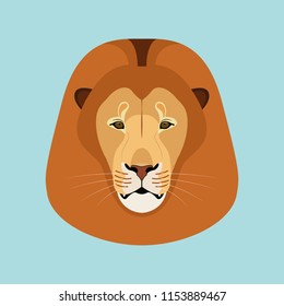 The head of a lion isolated on blue, the king of beasts, a predator, an African beast, a zoo resident, a big and strong cat. Flat design. Vector illustration. EPS10