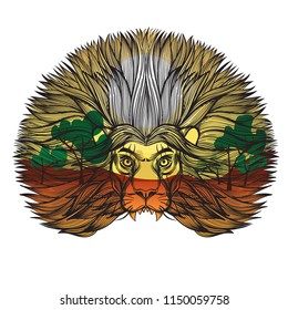 Head of a lion with the landscape of an African safari. Vector illustration for print on t-shirts, tattoos and much more.
