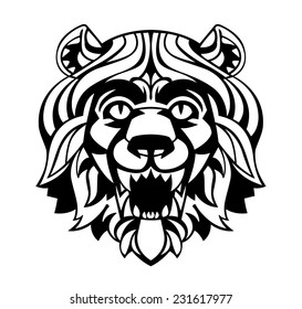 head of a lion with a magnificent mane stylized antique suitable for tattoos mascots logos