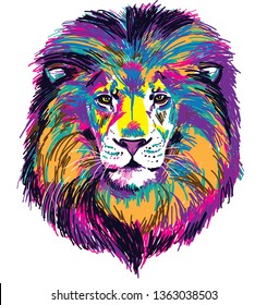 
The head of a lion. Multicolored pop art pattern. Bright print.