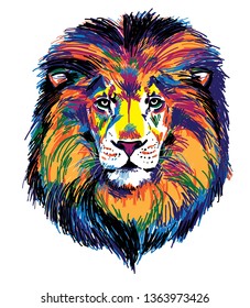 
The head of a lion. Multicolored pop art pattern. Bright print.