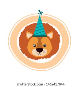head of lion with party hat on white background