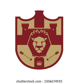 Head of Lion and silhouette of Castle, shield design, abstract vector illustration