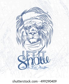 Head of the lion snowboarder and hand lettering let it snow on the grunge background. Use for print, poster, t-shirt  and so on. Vector illustration