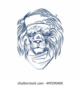 Head of the lion snowboarder . Use for print, poster, t-shirt  and so on. Vector illustration