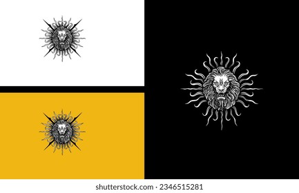 head lion with sun vector outline design