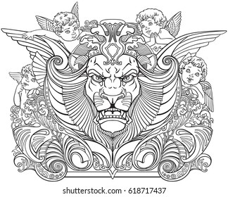 head of lion surrounded by little angels .Black and white outline decor