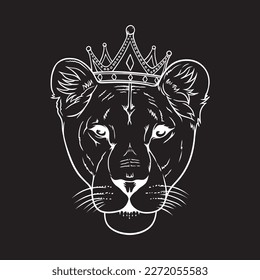 Head of lioness wearing crown, vector line art illustration