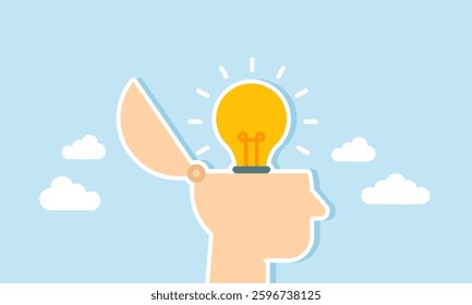 A head with a lit lamp inside, illustration of a creative mindset in generating ideas and innovation
