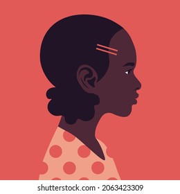 Head Of A Little African Girl In Profile. The Face Of A Child. Side View. Portrait. Avatar. Vector Flat Illustration