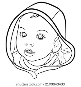 Head of a little baby kid in a hood. Portrait of a child. Cartoon style. Black and white linear silhouette.