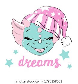 The head of a little blue dragon in a hat for sleeping and the inscription dreams