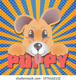 Head little of a cute funny puppy with tongue and paws on a bright rays background