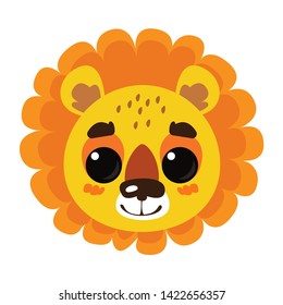 Head of a little cute yellow lion cub on a white background. Vector illustration in cartoon style.