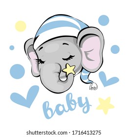 The head of a little elephant in a hat for sleeping. Vector illustration. Newborn concept