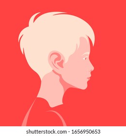 Head Of A Little European Boy In Profile. The Face Of A Happy Child On The Side. Portrait. Avatar. Vector Flat Illustration