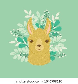 Head of the llama on green foliage background. Vector illustration. 
