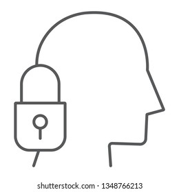 Head lock thin line icon, protection and person, padlock and head sign, vector graphics, a linear pattern on a white background, eps 10.
