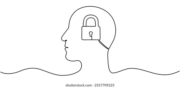 Head with locked padlock inside continuous line drawing. Closed human potential concept. Vector hand drawn illustration isolated on white.