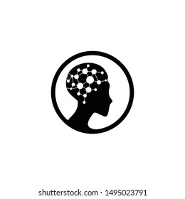 Head logo with circle dot connect relation of mind in brain silhouette. icon for smart phone intelligence look. science tech application.