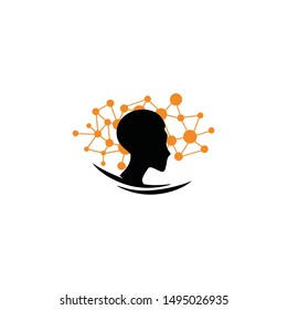 Head Logo With Circle Dot Connect Relation Of Mind Behind Man Guy Silhouette. Icon And Illustration For Smart Phone And Web Banner Intelligence Look. Medical Science Tech Application. 