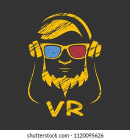 Head logo of a man with a beard in glasses vr and headphones. Vector illustration on a black