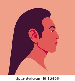 Male’s head with long hair in a profile. Asian guy's face side view. Avatar for social networks. Vector flat illustration