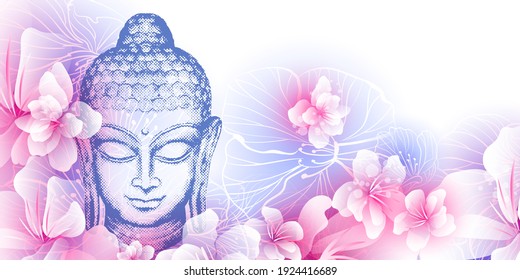 Leiter des Lord Buddha unter einer Kirschblüte. Rosa Sakurablätter und fliegende Blumen. Horizontales Banner in sanften, zarten rosafarbenen Farben