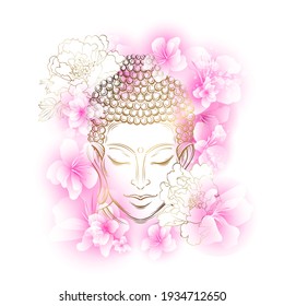 Head of the Lord Buddha under a cherry blossom. Pink sakura petals and flying flowers. Horizontal banner in gentle delicate pink colors